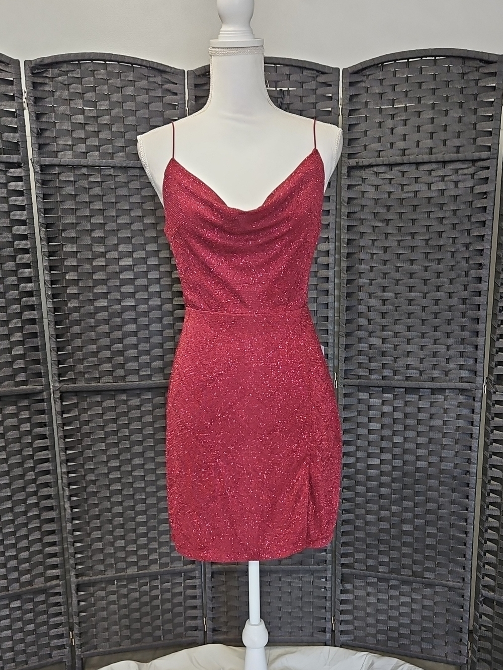 Sparkling Red Cowl Neck Mini Dress - Women's